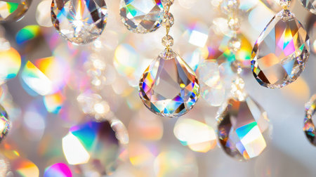 A close-up of chandelier crystals refracting light into a rainbow effect on a white background.の素材