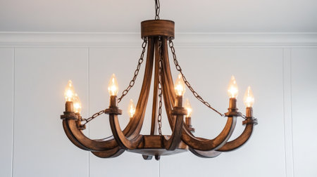 A rustic wooden chandelier with exposed bulbs and wrought iron accents, displayed on a white canvas.の素材