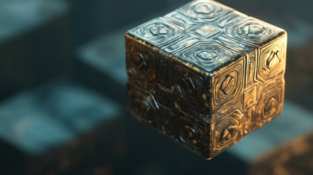 A 3D render of a Crossmatic puzzle cube with metallic textures and engraved patterns, hovering mid-air.の素材