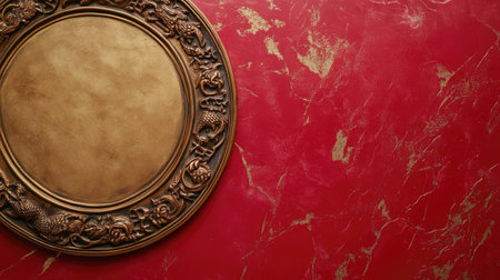 Chinese New Year copy space with a golden border, red background, and zodiac symbols subtly placed around the edges.の素材