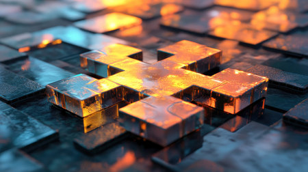 A Crossmatic puzzle partially solved, with scattered tiles glowing faintly, placed on a reflective surface.の素材