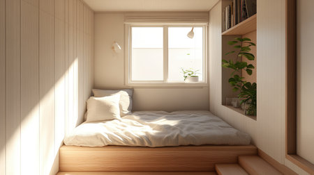 Scandinavian-style bedroom with a minimalist bedframe, soft pastel tones, and a cozy reading nook by the window.の素材