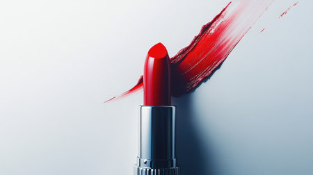 A lipstick tube mid-application, frozen in motion, with a vivid red swipe traced across the white backdrop.の素材