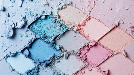 An eyeshadow palette featuring pastel colors, with one shade slightly smudged for a natural aesthetic.の素材