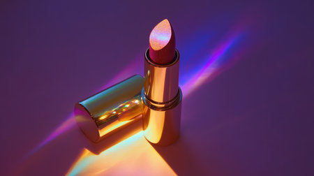 A lipstick with a holographic casing, reflecting light, placed diagonally with its tip pointing upward.の素材