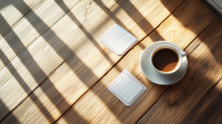 A clean minimalist setup with Crossmatic puzzle cards and a cup of coffee on a wooden table.の素材
