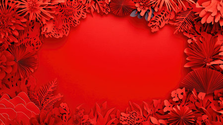 Copy space for Chinese New Year celebrations with a border of red paper cutouts and a blank central area for personalized text.の素材