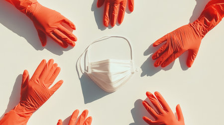 Minimalistic composition of a face mask and gloves on a white background, representing preventive health measures.の素材