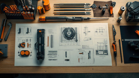 A creative flat lay of Crossmatic tools, instruction cards, and futuristic design schematics on a desk.の素材