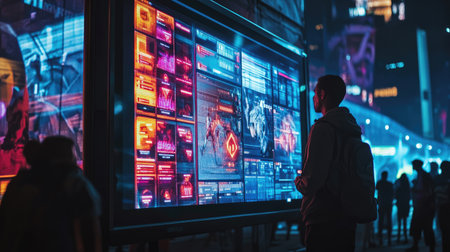 A digital leaderboard for Crossmatic competition displayed on a large screen, with vibrant UI elements.の素材