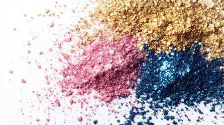 Close-up of crushed eyeshadow pigments in metallic gold, pink, and blue, scattered artistically on white.の素材