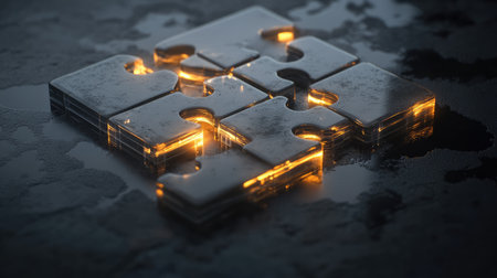 A Crossmatic puzzle partially solved, with scattered tiles glowing faintly, placed on a reflective surface.の素材