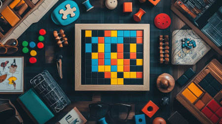 A top-down view of a vibrant Crossmatic puzzle game setup on a tabletop, surrounded by accessories.の素材