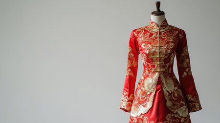 Traditional red and gold Chinese New Year gown with intricate brocade patterns on a mannequin, against a simple off-white background.の素材