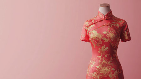 Red qipao-style women's outfit with golden floral patterns on a mannequin, elegantly displayed against a plain light pink background.の素材