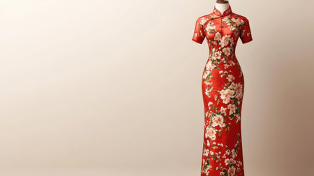 Traditional qipao-inspired women's outfit in red silk with floral patterns on a mannequin, set against a light beige background.の素材