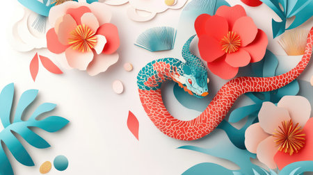 Vibrant paper cut snake design with elegant Chinese New Year patterns, set on a clean, soft white background for festive text.の素材