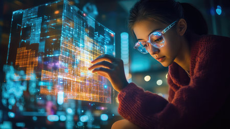 A young adult solving a Crossmatic puzzle projected as an augmented reality hologram on a tablet.の素材