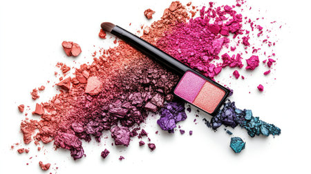 A palette of vibrant eyeshadow shades with a makeup brush resting diagonally on a pristine white background.の素材