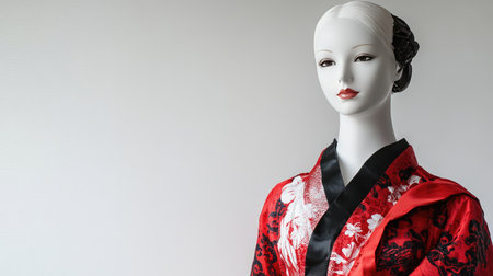 Mannequin dressed in a Chinese New Year outfit featuring red and black patterns, with a minimalist white background for emphasis.の素材