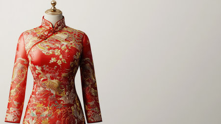 Elegant Chinese New Year women's outfit on a mannequin with intricate red and gold patterns, displayed against a soft white background.の素材