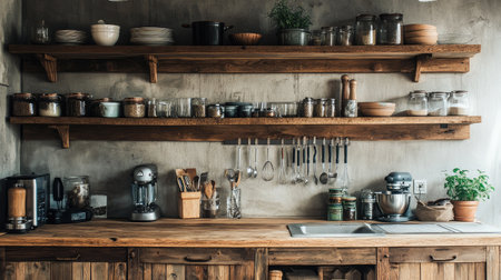 Rustic kitchen featuring wooden cabinets, an open shelving design, and vintage utensils creating a cozy farmhouse feel.の素材