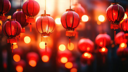 Vibrant Chinese New Year background with red lanterns hanging from the top and ample blank space in the center for holiday text.の素材