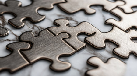 Macro shot of intricate Crossmatic puzzle tiles made of brushed metal, placed on a marble background.の素材