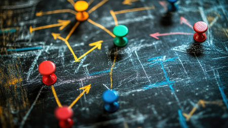 Abstract visual representation of a Crossmatic game strategy, with arrows and nodes on a chalkboard.の素材