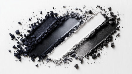 An elegant arrangement of monochromatic eyeshadow shades in black, gray, and white, on a minimal white canvas.の素材