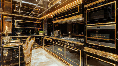Luxurious kitchen with glossy cabinets, a large island with a built-in stove, and golden accents for an elegant touch.の素材