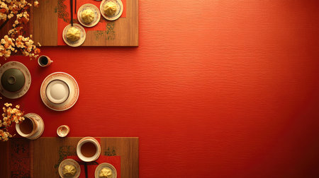Festive Chinese New Year copy space featuring a table with dumplings, tea, and an open area above for traditional greetings.の素材