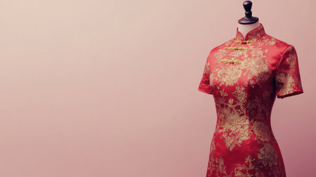 Red qipao-style women's outfit with golden floral patterns on a mannequin, elegantly displayed against a plain light pink background.の素材