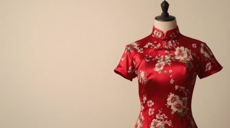 Traditional qipao-inspired women's outfit in red silk with floral patterns on a mannequin, set against a light beige background.の素材
