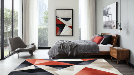 Modern bedroom with sleek furniture, a geometric rug, abstract artwork on the wall, and natural light streaming through large windows.の素材
