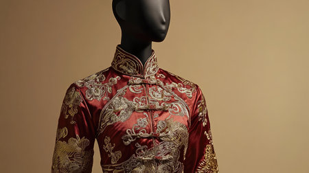 Mannequin showcasing a modern Chinese New Year dress with gold accents and embroidered patterns, isolated on a neutral background.の素材
