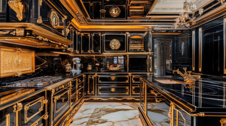 Luxurious kitchen with glossy cabinets, a large island with a built-in stove, and golden accents for an elegant touch.の素材