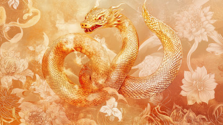 Elegant Year of the Snake wallpaper with a shimmering golden snake surrounded by abstract Chinese motifs on a soft gradient backdrop.の素材