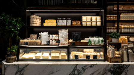 Dairy section featuring milk, cheese, yogurt, and butter in an elegant arrangement on a marble countertop, soft lightingの素材