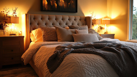 Cozy bedroom with a large upholstered bed, warm lighting, soft pillows, and a textured throw blanket creating a relaxing ambiance.の素材