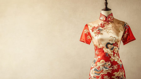 Stylish women's Chinese New Year dress with dragon embroidery on a mannequin, framed by a soft, light cream background.の素材
