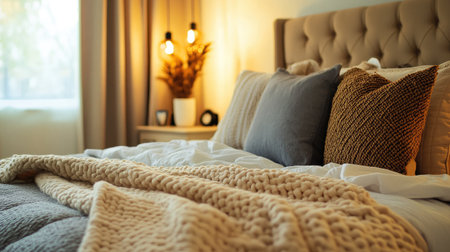 Cozy bedroom with a large upholstered bed, warm lighting, soft pillows, and a textured throw blanket creating a relaxing ambiance.の素材