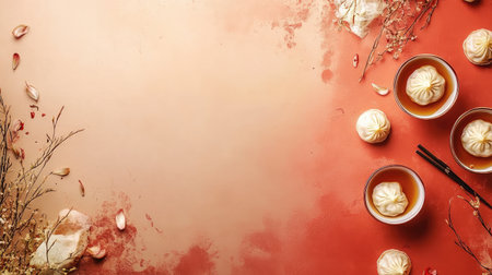 Festive Chinese New Year copy space featuring a table with dumplings, tea, and an open area above for traditional greetings.の素材