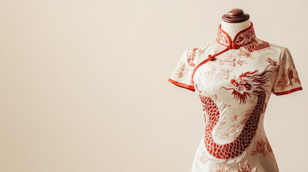 Stylish women's Chinese New Year dress with dragon embroidery on a mannequin, framed by a soft, light cream background.の素材