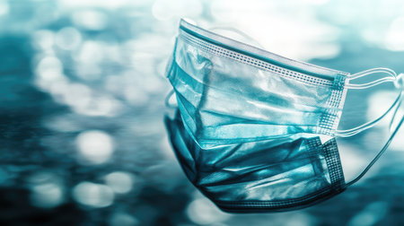 A transparent shield mask resting on a reflective surface, showcasing innovative germ prevention methods.の素材