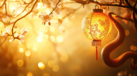 Golden Chinese New Year 2025 backdrop with a snake coiled around a glowing lantern, surrounded by subtle floral designs.の素材