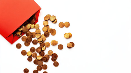 Festive Chinese New Year copy space with an open red envelope spilling chocolate coins onto a blank white background.の素材