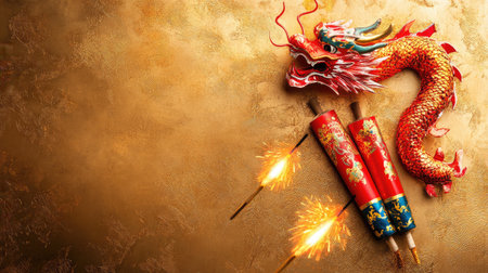 Flat lay of Chinese New Year decorations with blank space for text, including a red dragon motif and firecrackers on a golden surface.の素材