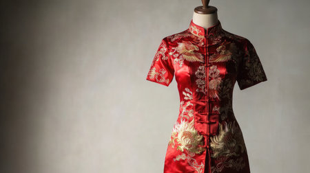 Women's festive Chinese New Year attire with phoenix motifs on a mannequin, placed in front of a subtle light gray background.の素材