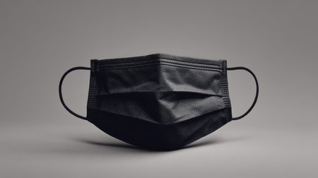 Black face mask with ear loops displayed on a gray background, highlighting personal hygiene and germ prevention.の素材